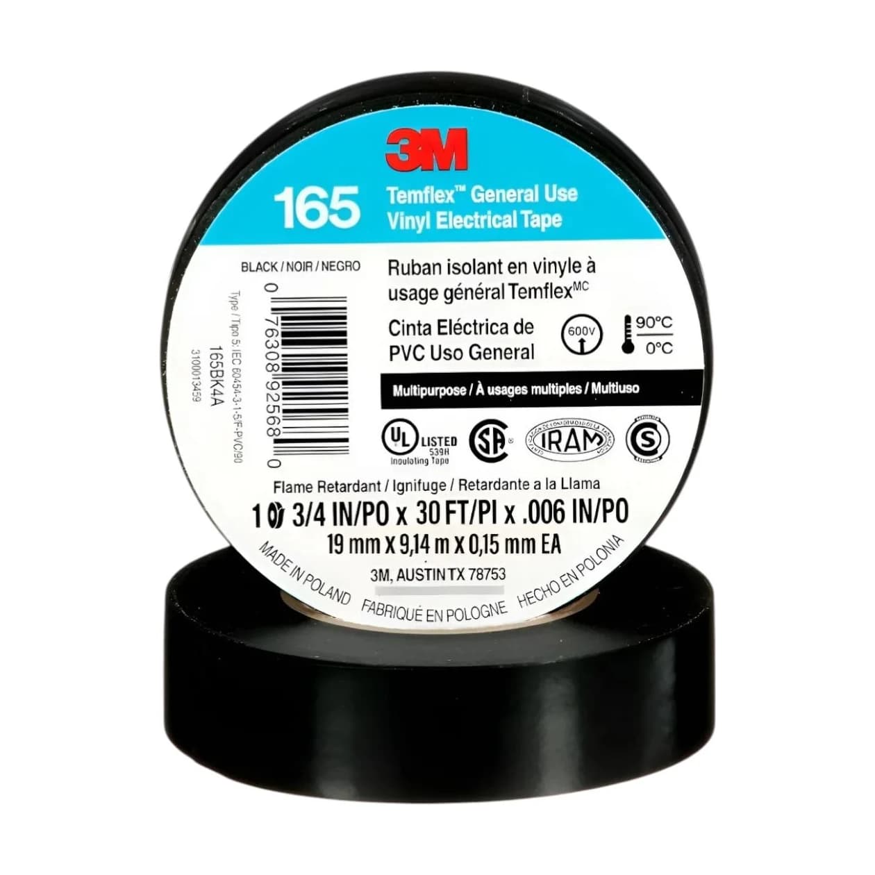 Cinta aisladora temflex 165 negra 19 mm x 9 m